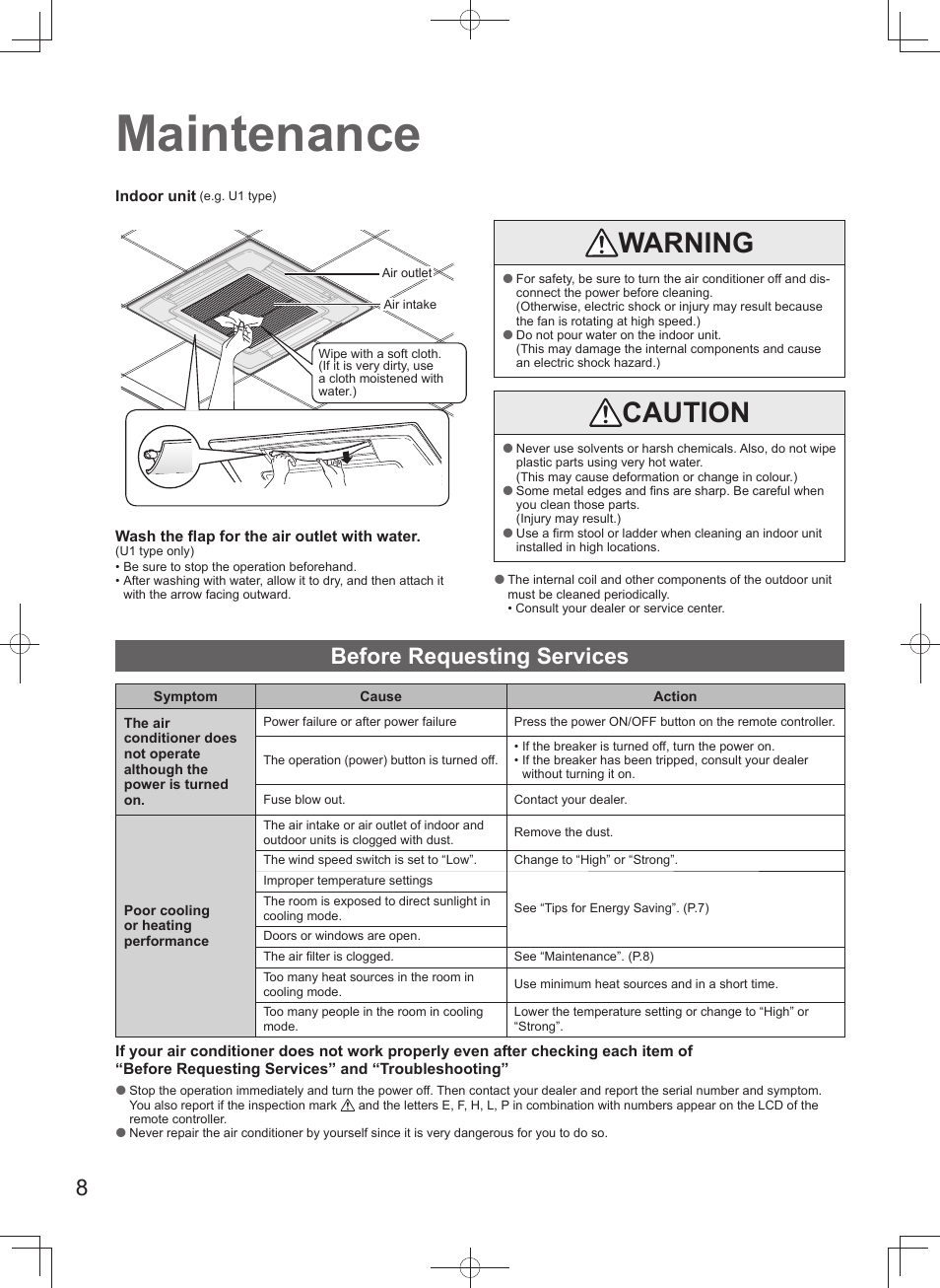 Maintenance, Warning, Caution | Before requesting services | Panasonic U140PEY1E8 User Manual | Page 8 / 80