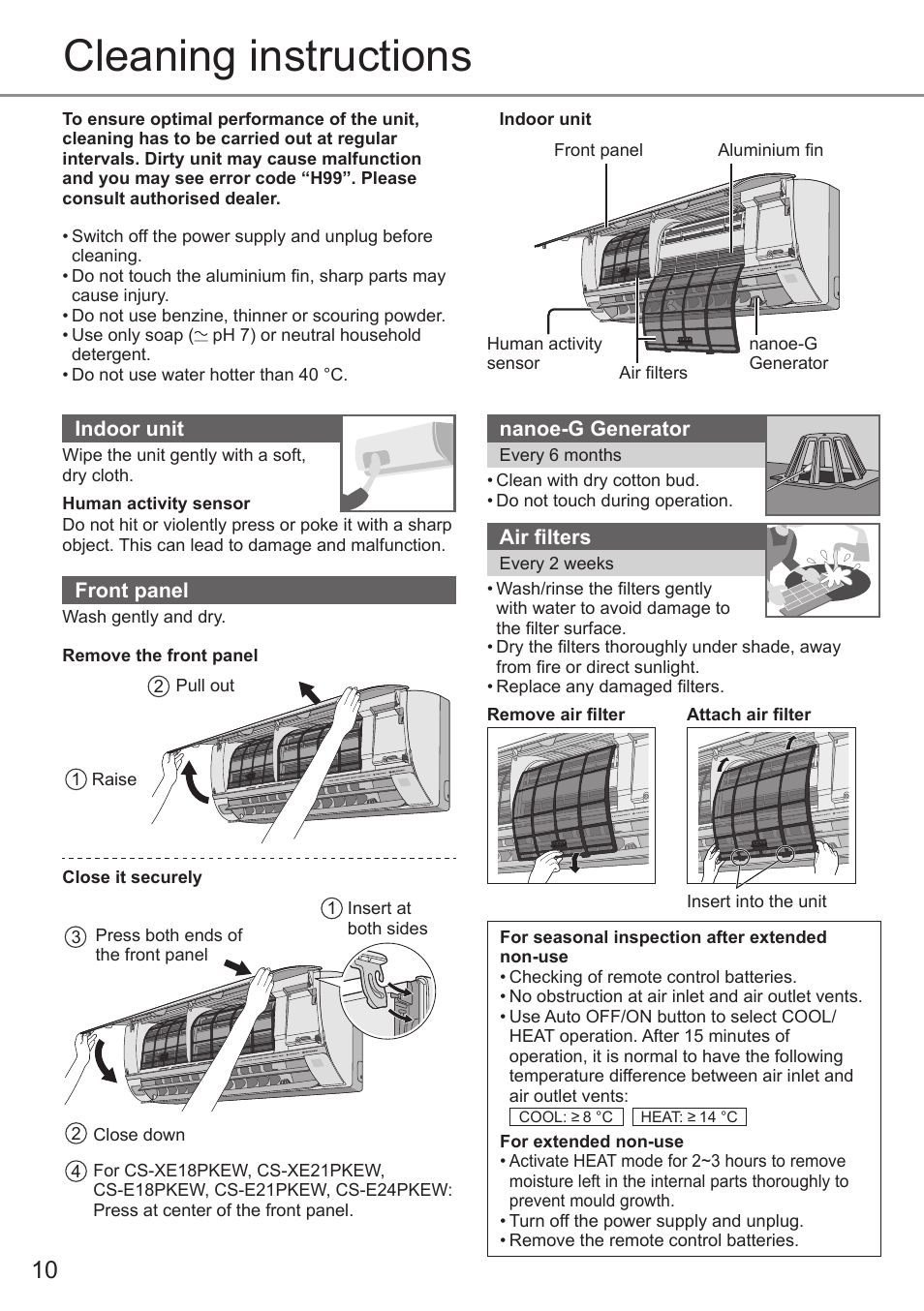 Cleaning instructions | Panasonic CSE9PKEW User Manual | Page 10 / 64