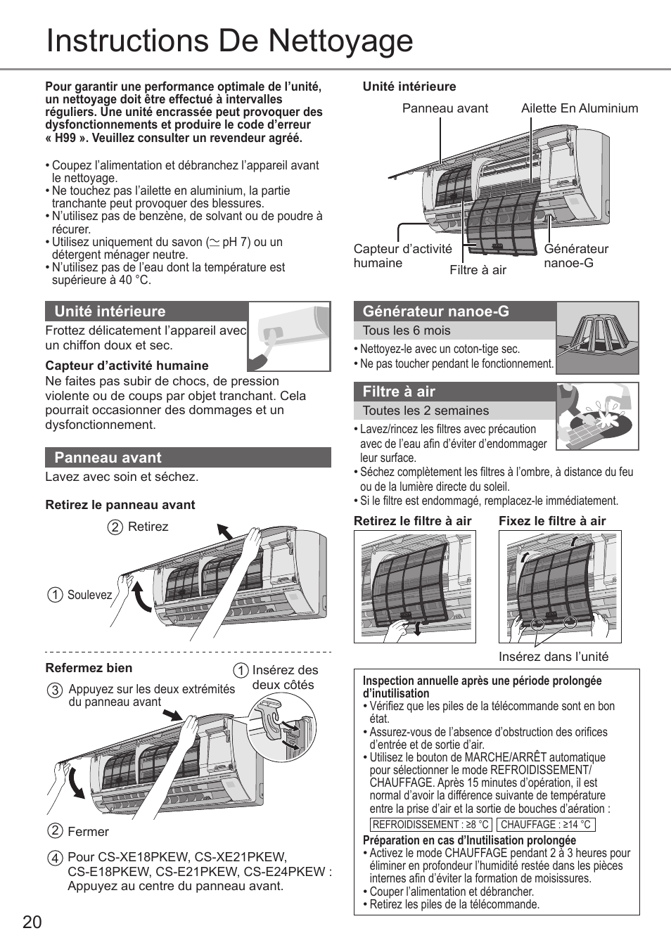 Instructions de nettoyage | Panasonic CSE9PKEW User Manual | Page 20 / 64