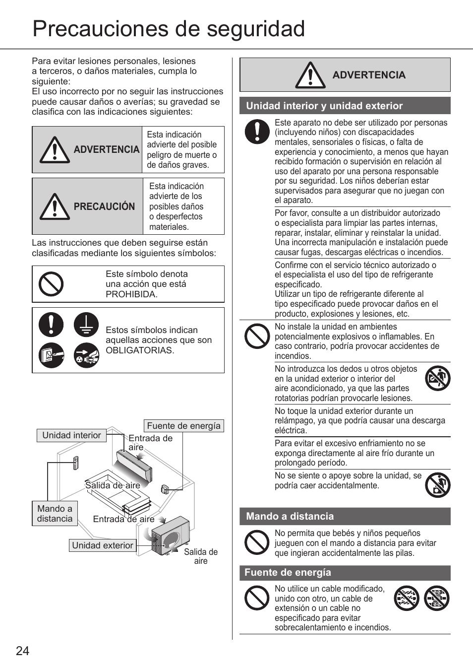 Precauciones de seguridad | Panasonic CSE9PKEW User Manual | Page 24 / 64