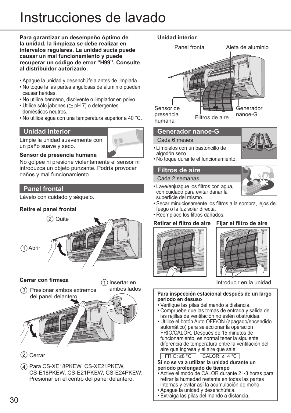Instrucciones de lavado | Panasonic CSE9PKEW User Manual | Page 30 / 64