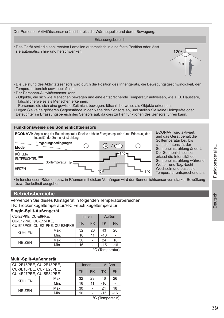 Betriebsbereiche, 7m 120º | Panasonic CSE9PKEW User Manual | Page 39 / 64