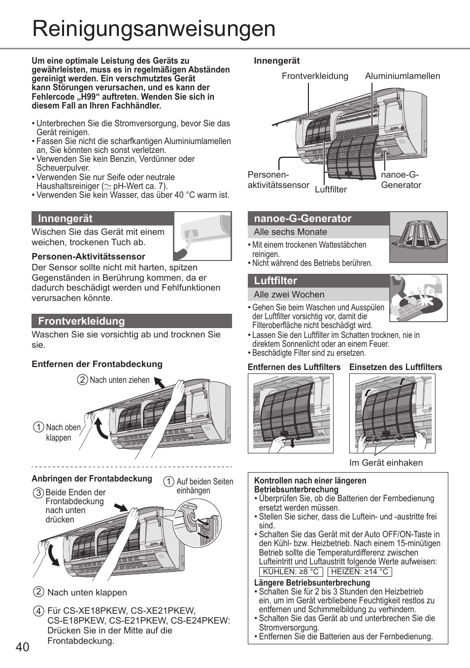 Reinigungsanweisungen | Panasonic CSE9PKEW User Manual | Page 40 / 64
