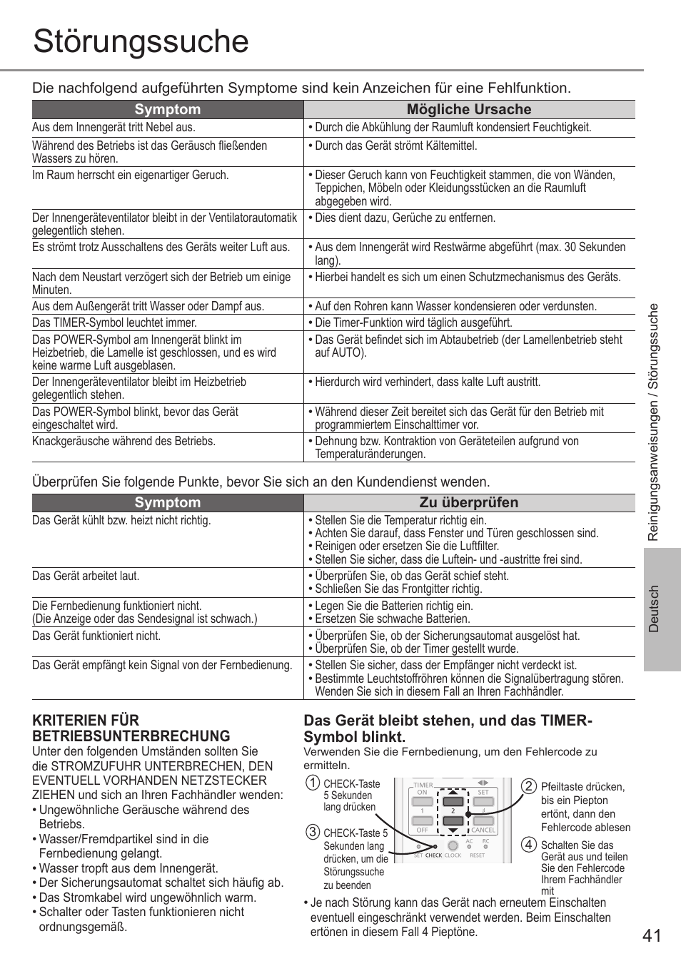Störungssuche, Kriterien für betriebsunterbrechung | Panasonic CSE9PKEW User Manual | Page 41 / 64