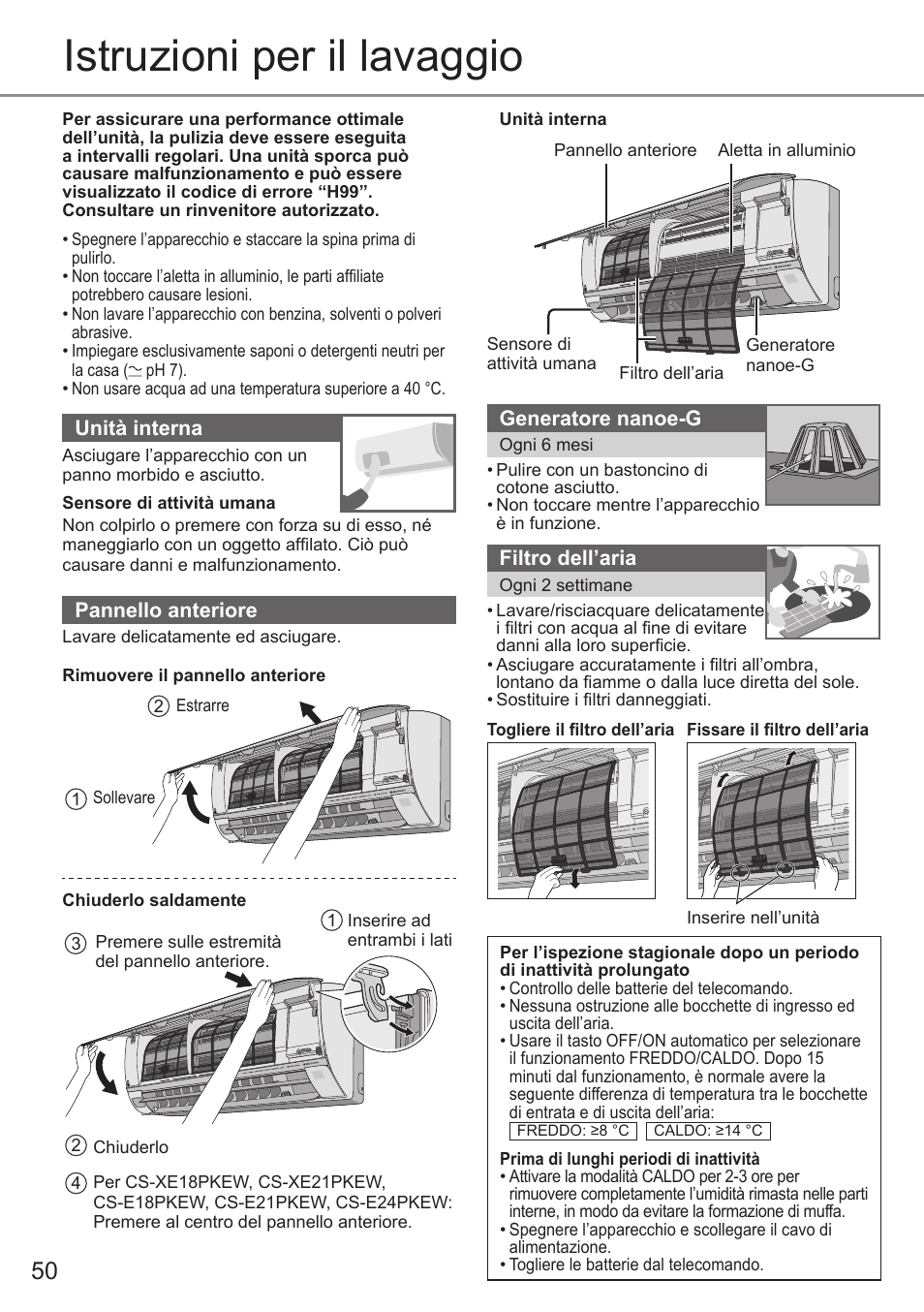 Istruzioni per il lavaggio | Panasonic CSE9PKEW User Manual | Page 50 / 64
