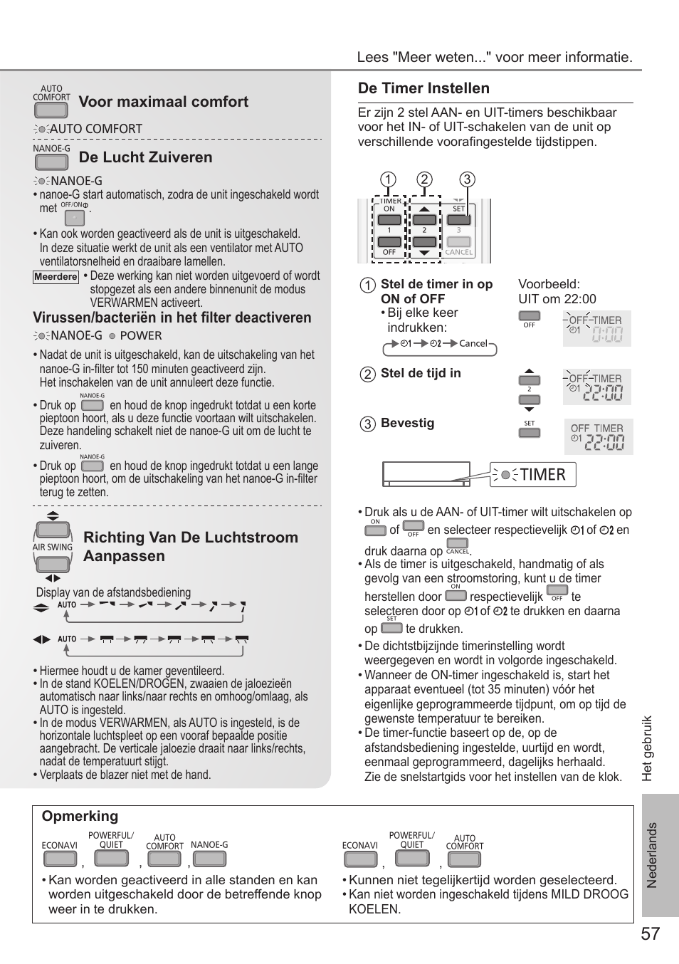 De timer instellen, Voor maximaal comfort, De lucht zuiveren | Virussen/bacteriën in het fi lter deactiveren, Richting van de luchtstroom aanpassen, Opmerking, Timer, Lees "meer weten..." voor meer informatie | Panasonic CSE9PKEW User Manual | Page 57 / 64