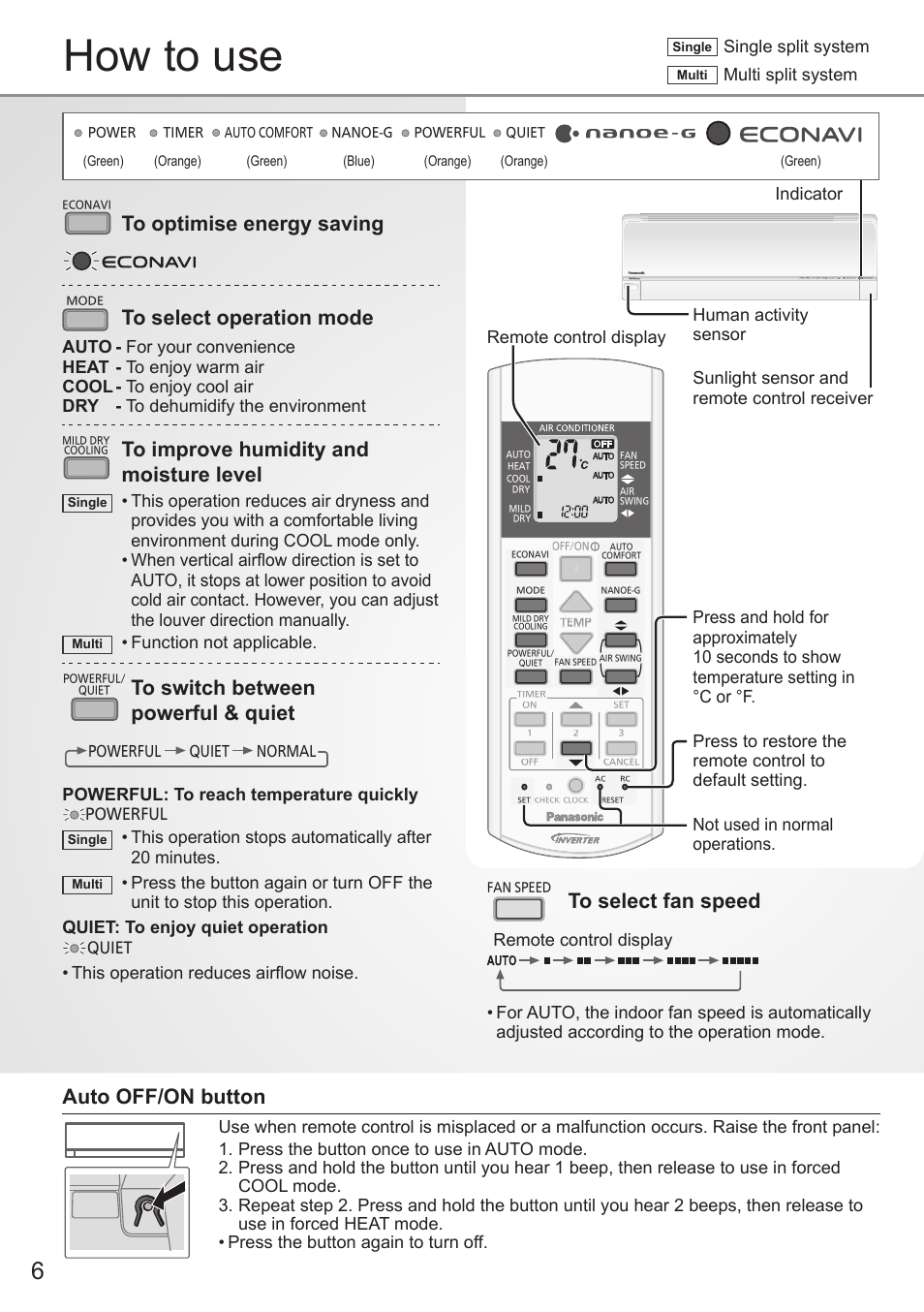 How to use, Auto off/on button, Remote control display indicator | Remote control display, Single split system, Multi split system, Function not applicable, Powerful: to reach temperature quickly, This operation reduces airfl ow noise | Panasonic CSE9PKEW User Manual | Page 6 / 64