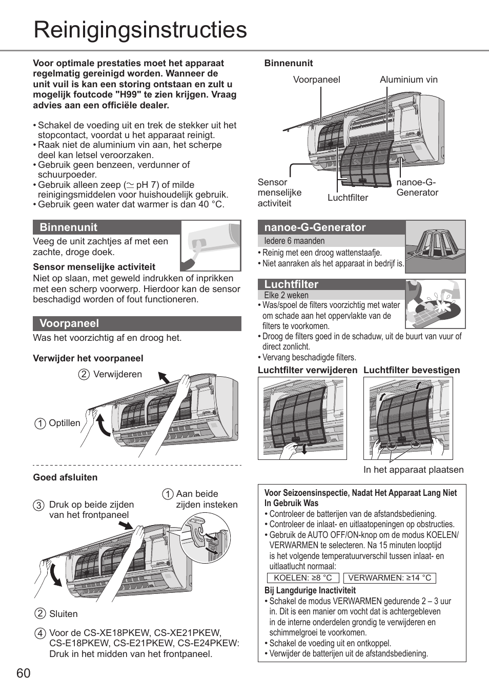 Reinigingsinstructies | Panasonic CSE9PKEW User Manual | Page 60 / 64