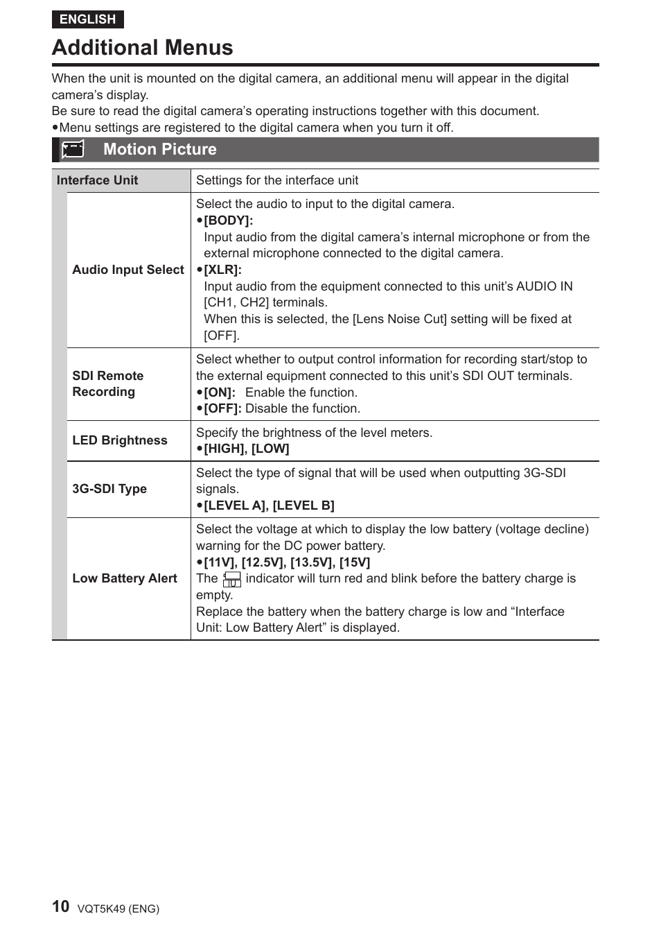 Additional menus, Motion picture | Panasonic DMWYAGHE User Manual | Page 10 / 64