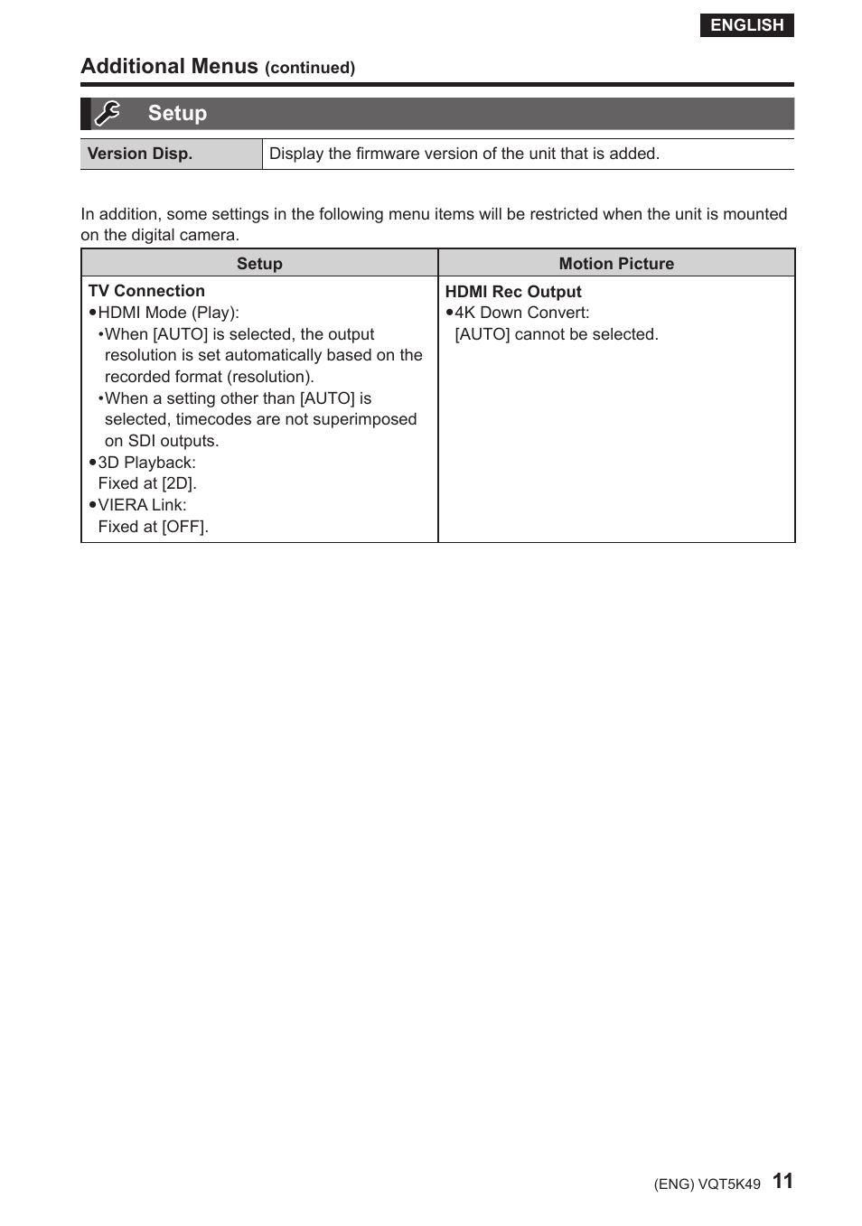 Setup, Additional menus | Panasonic DMWYAGHE User Manual | Page 11 / 64