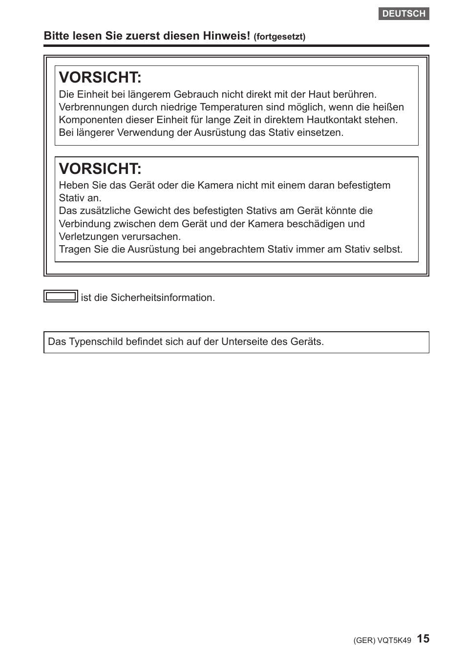 Vorsicht | Panasonic DMWYAGHE User Manual | Page 15 / 64