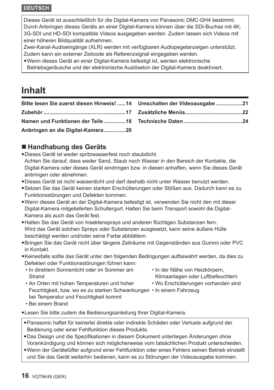 Inhalt, Handhabung des geräts | Panasonic DMWYAGHE User Manual | Page 16 / 64