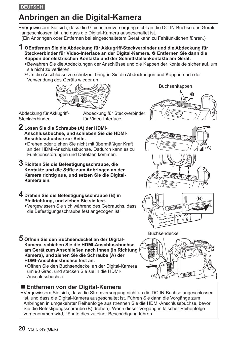 Anbringen an die digital-kamera, Entfernen von der digital-kamera | Panasonic DMWYAGHE User Manual | Page 20 / 64