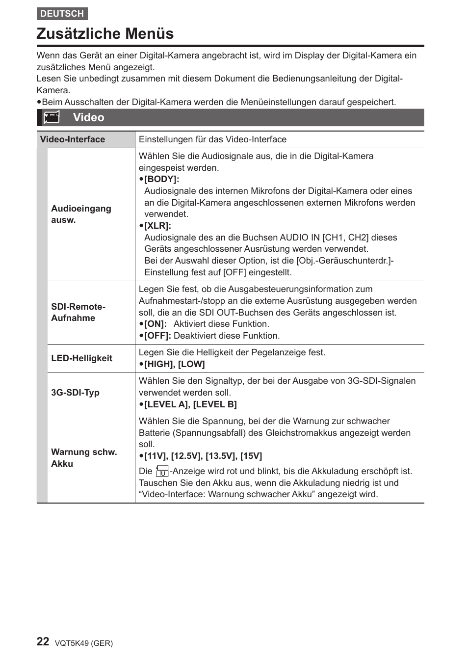 Zusätzliche menüs, Video | Panasonic DMWYAGHE User Manual | Page 22 / 64