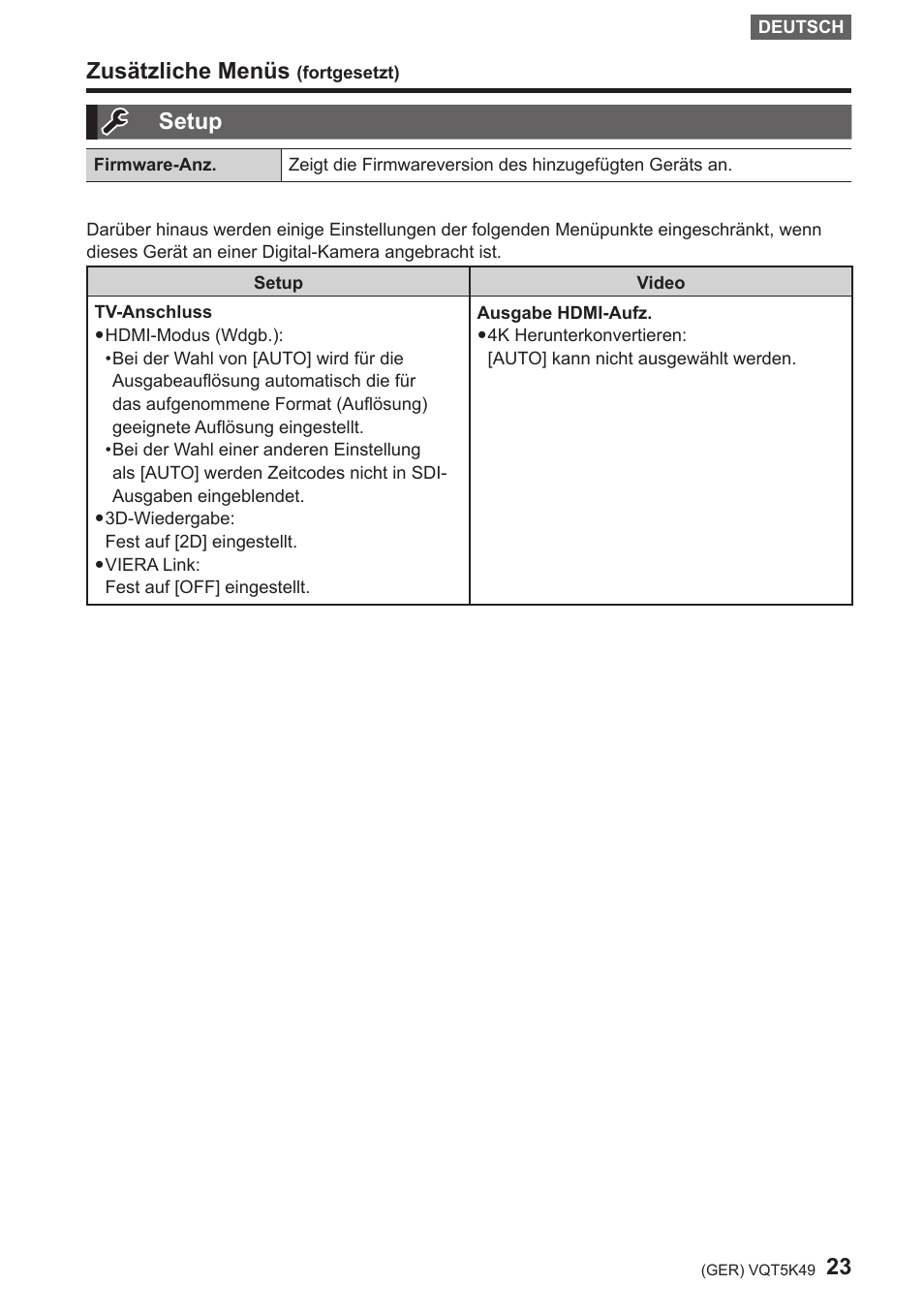 Setup, Zusätzliche menüs | Panasonic DMWYAGHE User Manual | Page 23 / 64