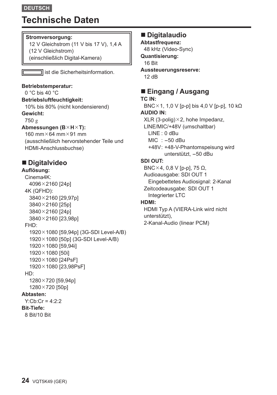 Technische daten, Digitalvideo, Digitalaudio | Eingang / ausgang | Panasonic DMWYAGHE User Manual | Page 24 / 64