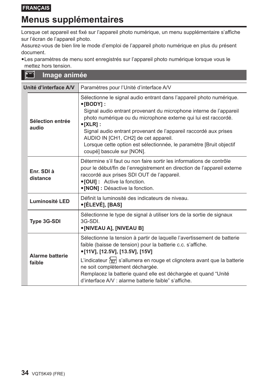 Menus supplémentaires, Image animée | Panasonic DMWYAGHE User Manual | Page 34 / 64