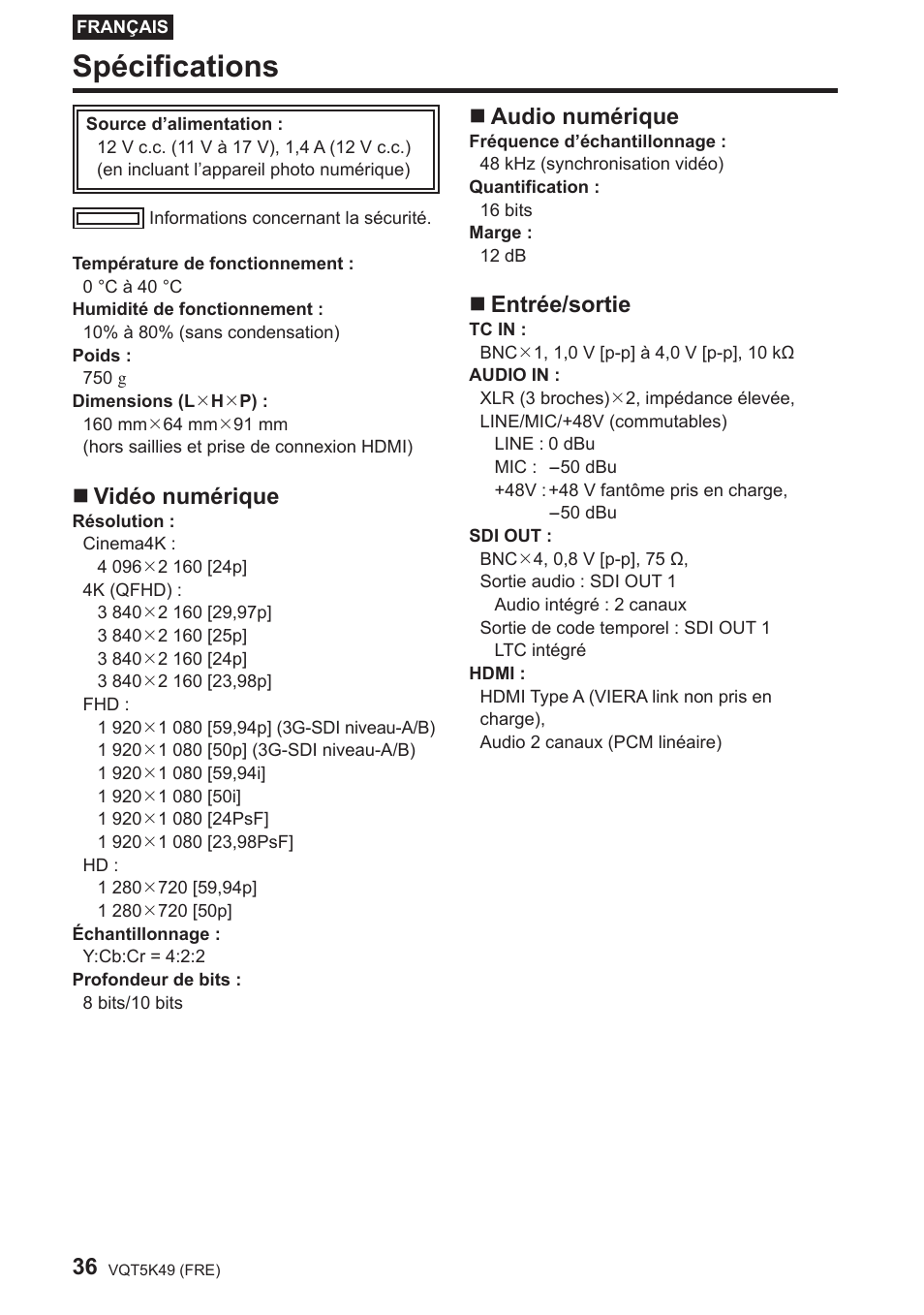 Spécifications, Vidéo numérique, Audio numérique | Entrée/sortie | Panasonic DMWYAGHE User Manual | Page 36 / 64