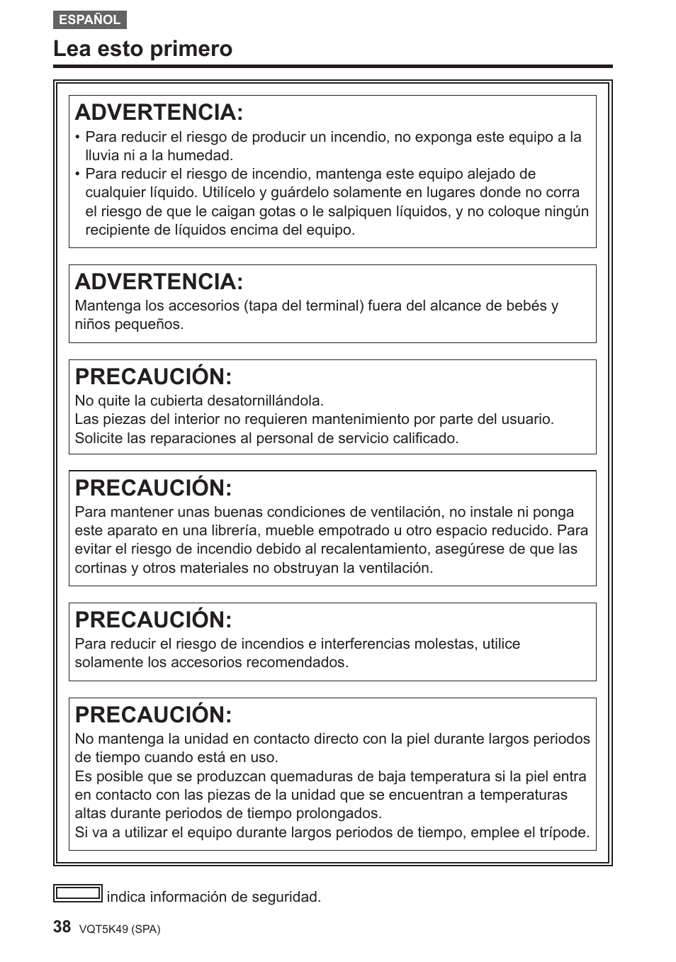 Español, Lea esto primero, Advertencia | Precaución | Panasonic DMWYAGHE User Manual | Page 38 / 64