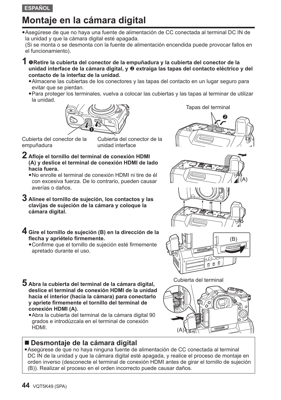 Montaje en la cámara digital, Desmontaje de la cámara digital | Panasonic DMWYAGHE User Manual | Page 44 / 64