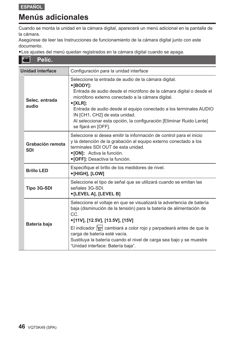 Menús adicionales, Pelíc | Panasonic DMWYAGHE User Manual | Page 46 / 64
