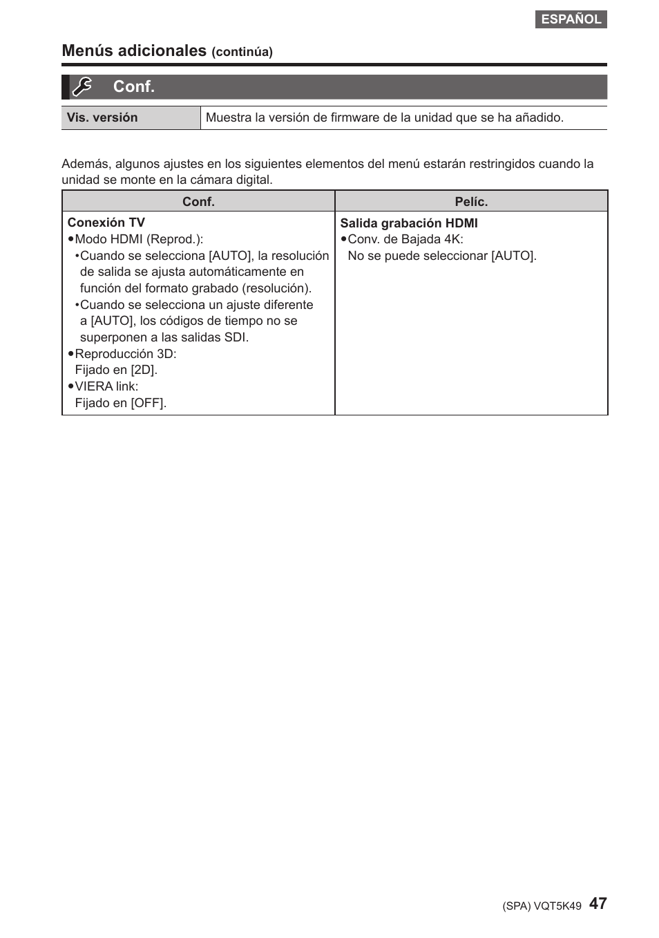 Conf, Menús adicionales | Panasonic DMWYAGHE User Manual | Page 47 / 64