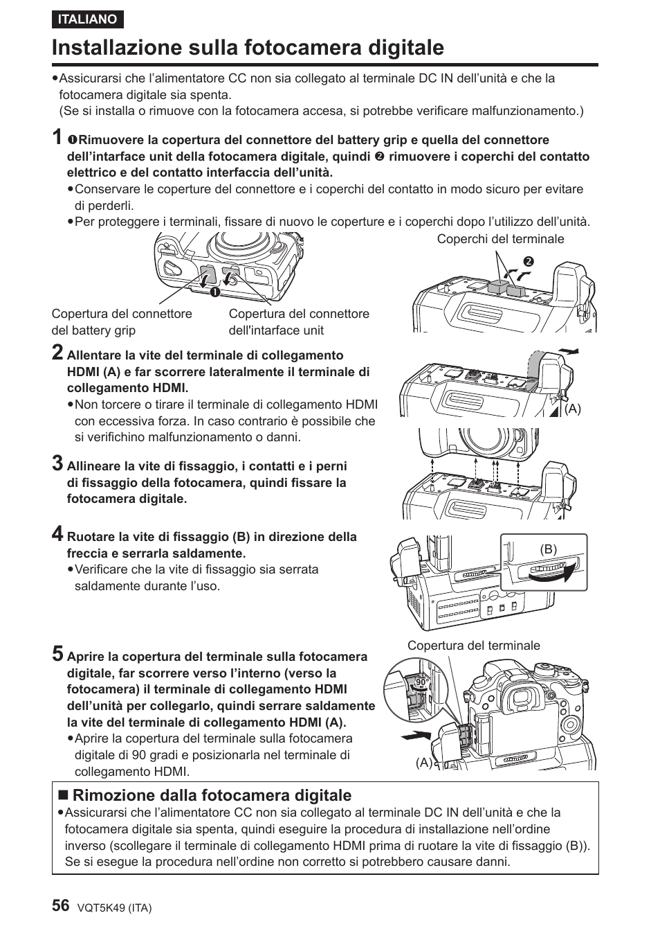 Installazione sulla fotocamera digitale, Rimozione dalla fotocamera digitale | Panasonic DMWYAGHE User Manual | Page 56 / 64