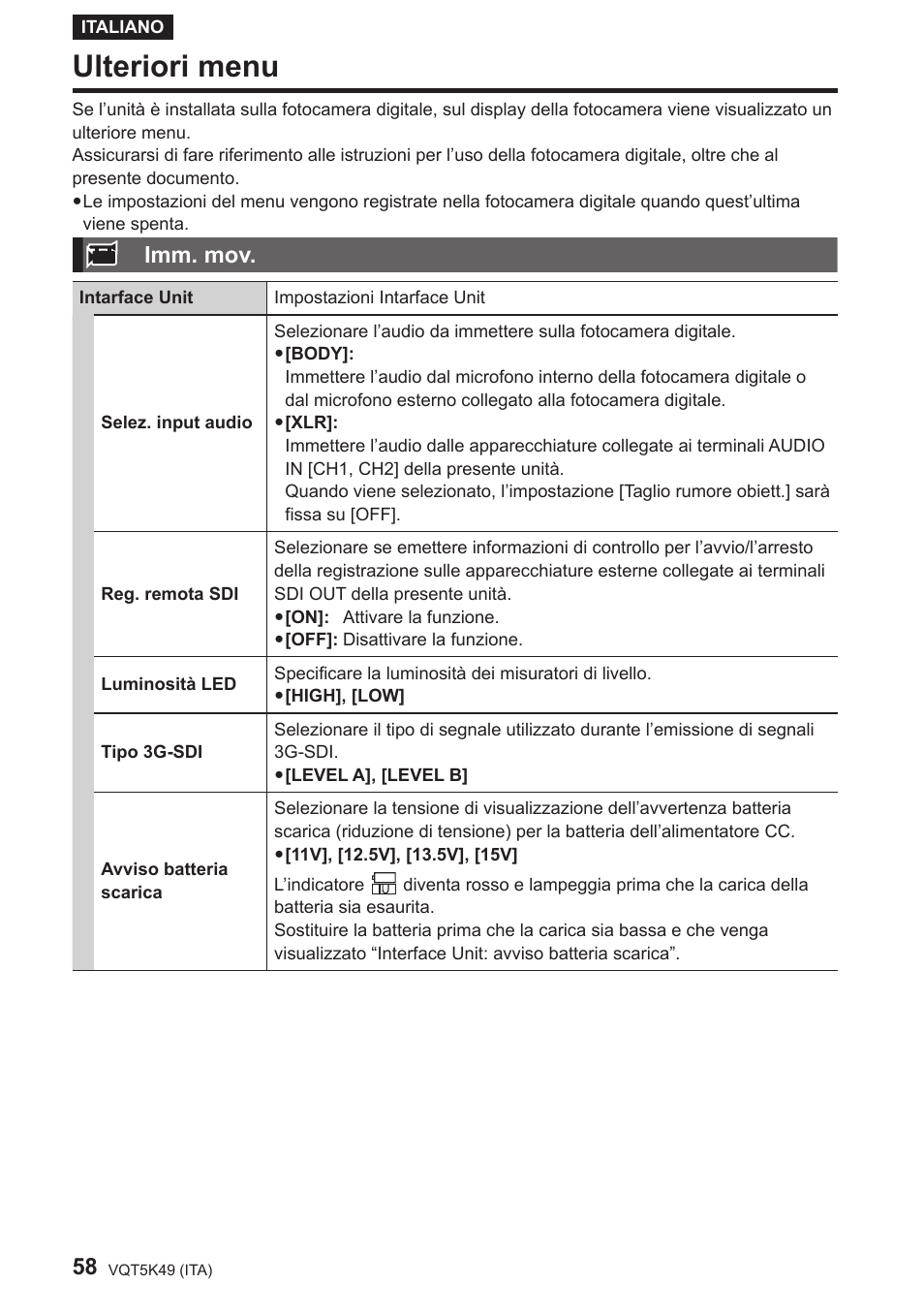 Ulteriori menu, Imm. mov | Panasonic DMWYAGHE User Manual | Page 58 / 64