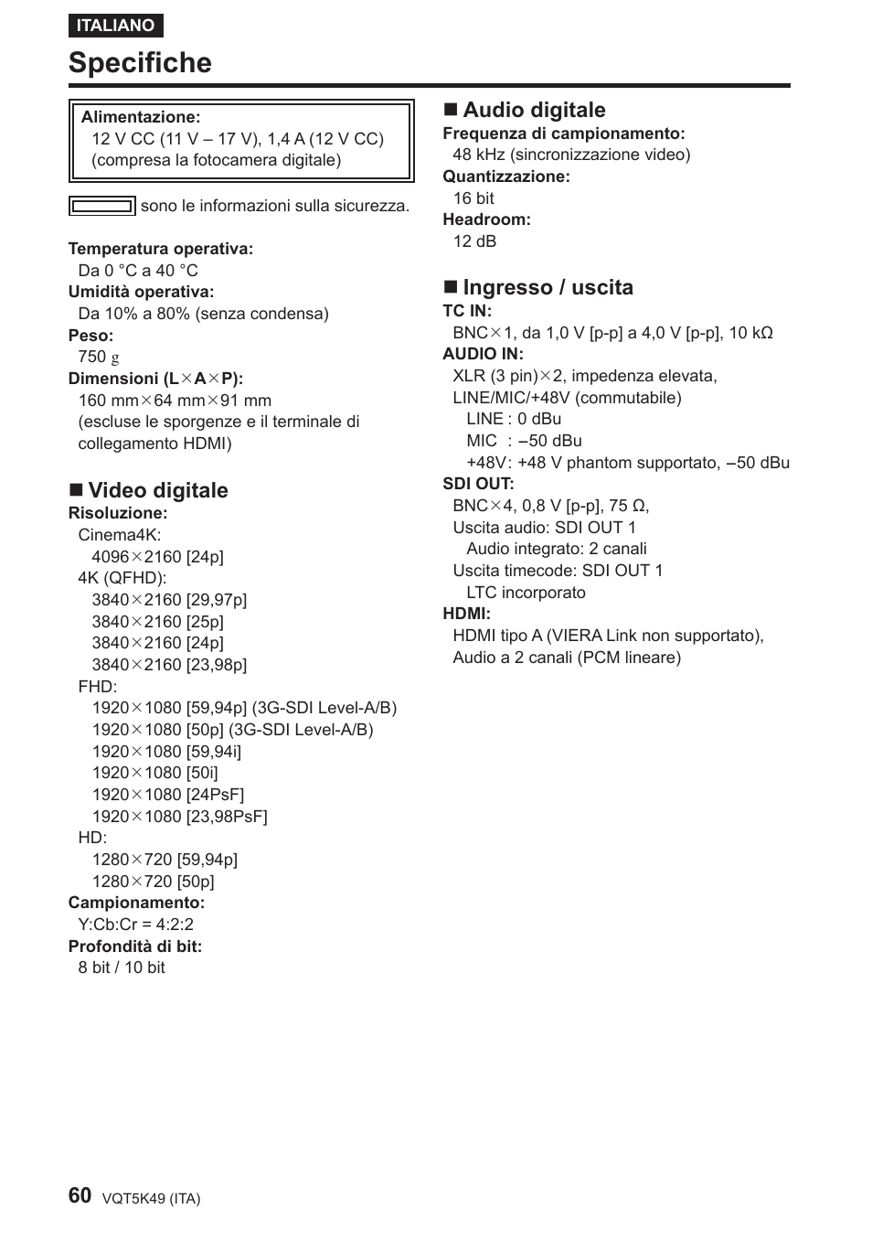 Specifiche, Video digitale, Audio digitale | Ingresso / uscita | Panasonic DMWYAGHE User Manual | Page 60 / 64