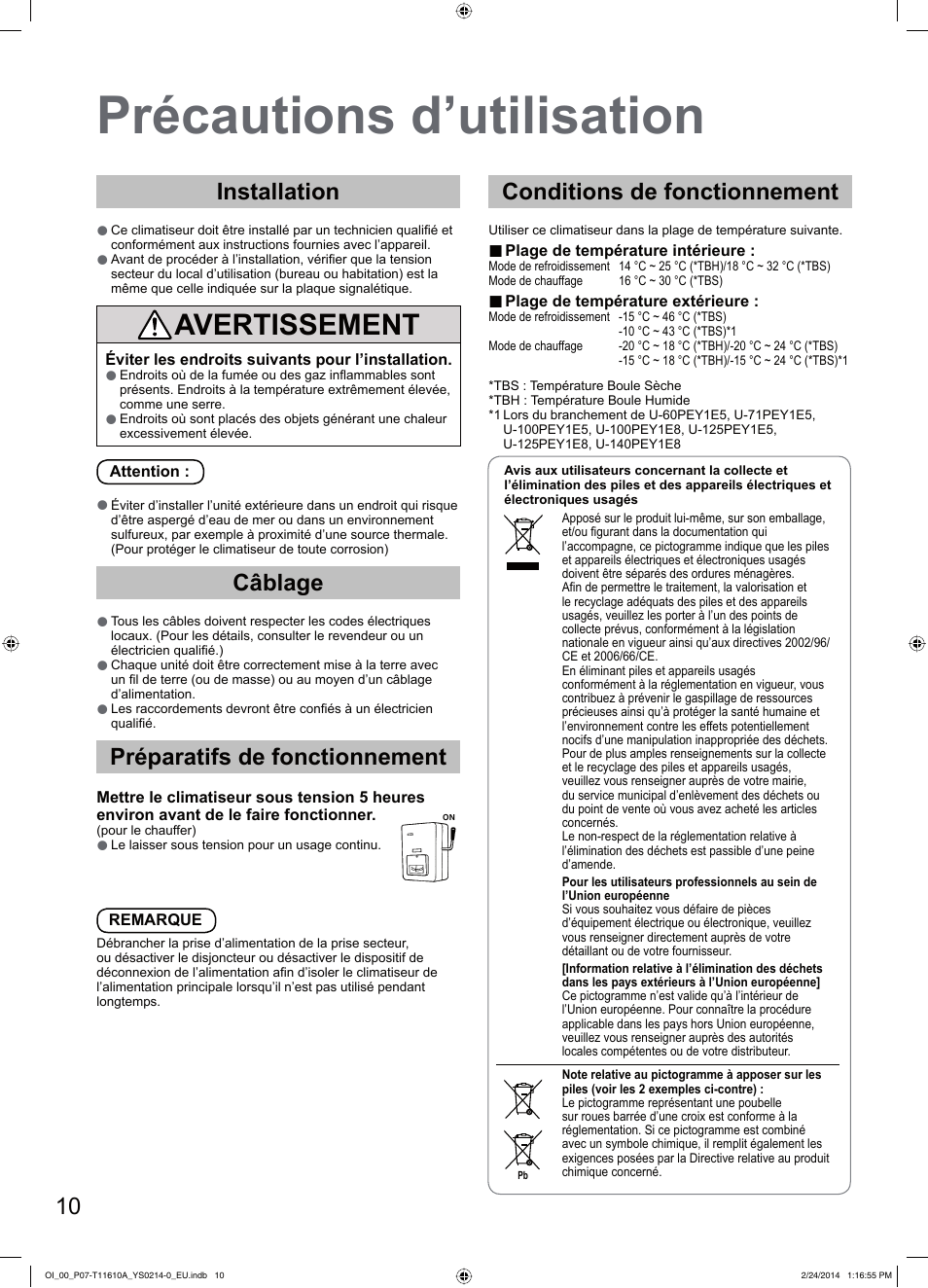 Précautions d’utilisation, Avertissement, Installation | Câblage, Préparatifs de fonctionnement, Conditions de fonctionnement | Panasonic S45PN1E5A User Manual | Page 10 / 56