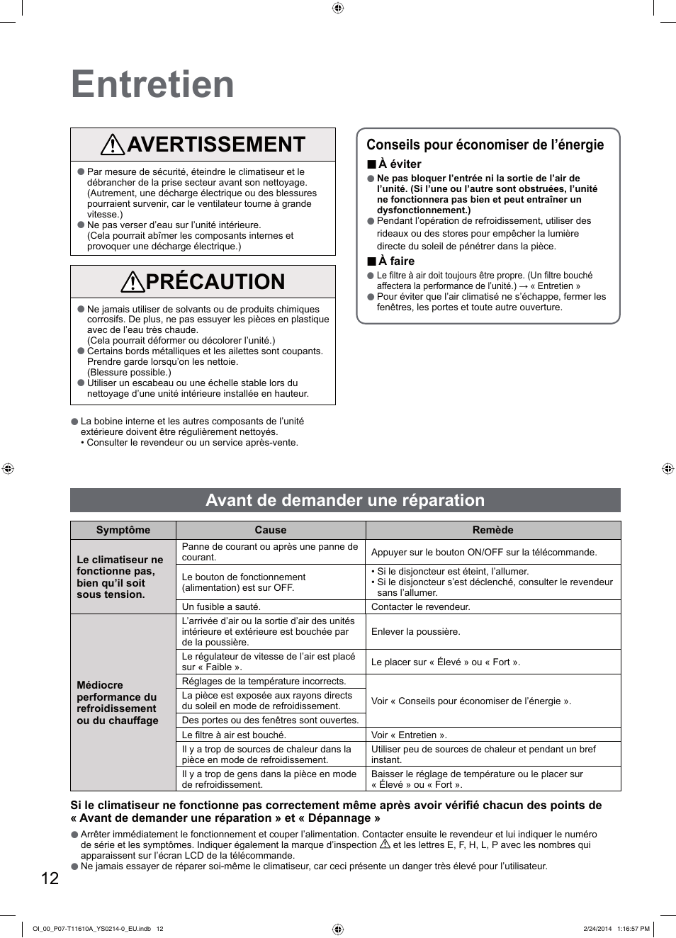 Entretien, Avertissement, Précaution | Avant de demander une réparation, Conseils pour économiser de l’énergie | Panasonic S45PN1E5A User Manual | Page 12 / 56