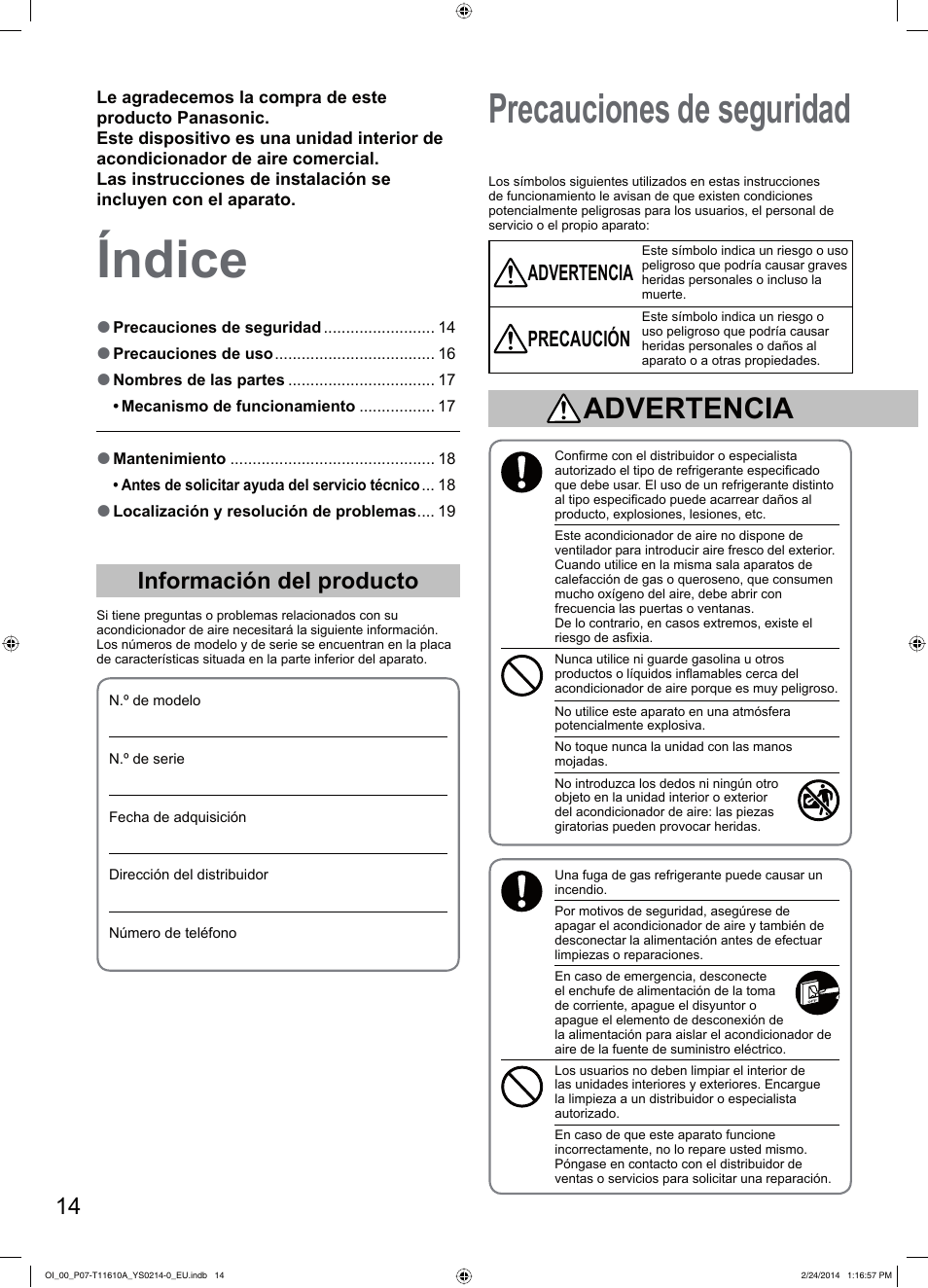 Índice, Precauciones de seguridad, Información del producto | Advertencia, Precaución | Panasonic S45PN1E5A User Manual | Page 14 / 56