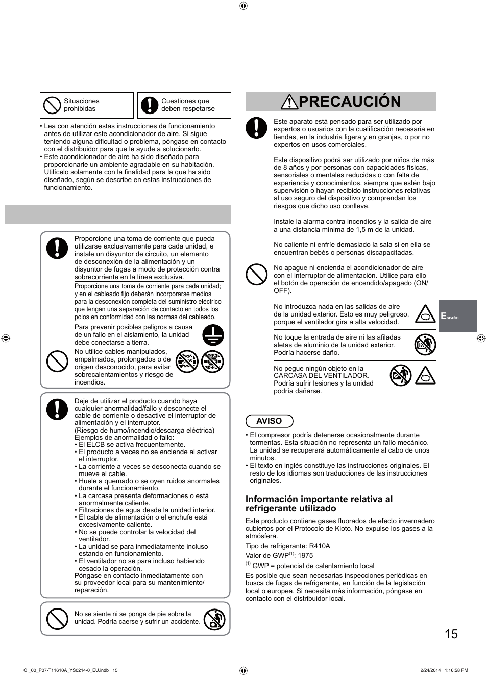 Precaución | Panasonic S45PN1E5A User Manual | Page 15 / 56