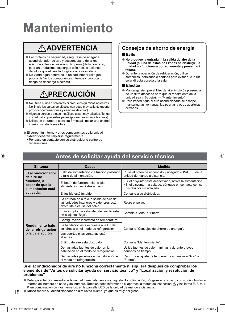 Mantenimiento, Advertencia, Precaución | Antes de solicitar ayuda del servicio técnico, Consejos de ahorro de energía | Panasonic S45PN1E5A User Manual | Page 18 / 56