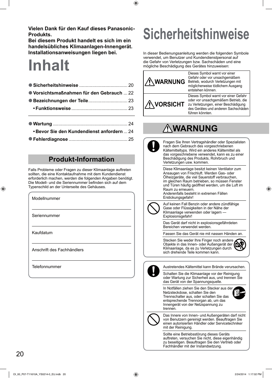Inhalt sicherheitshinweise, Produkt-information, Warnung | Vorsicht | Panasonic S45PN1E5A User Manual | Page 20 / 56