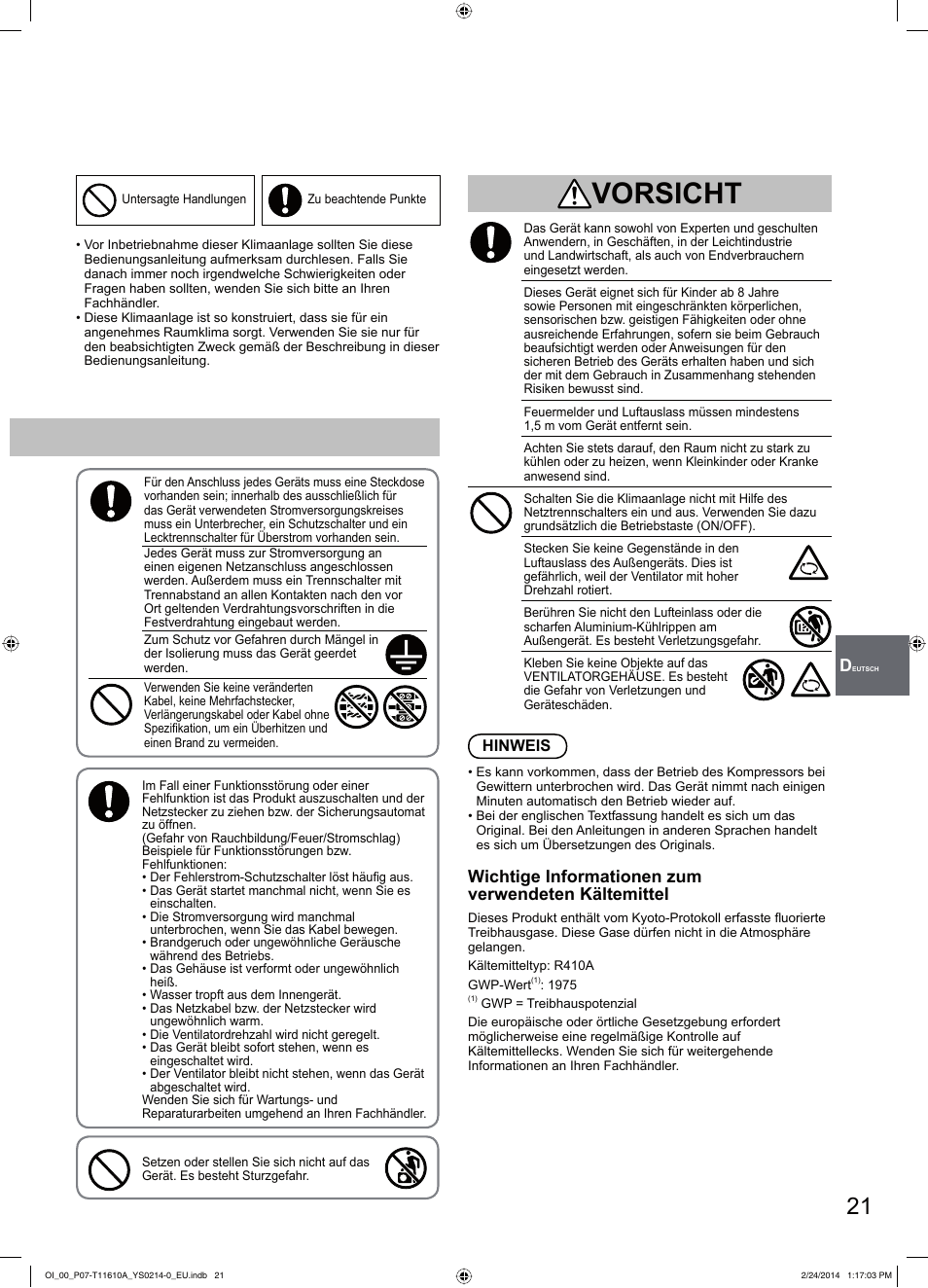 Vorsicht, Wichtige informationen zum verwendeten kältemittel | Panasonic S45PN1E5A User Manual | Page 21 / 56