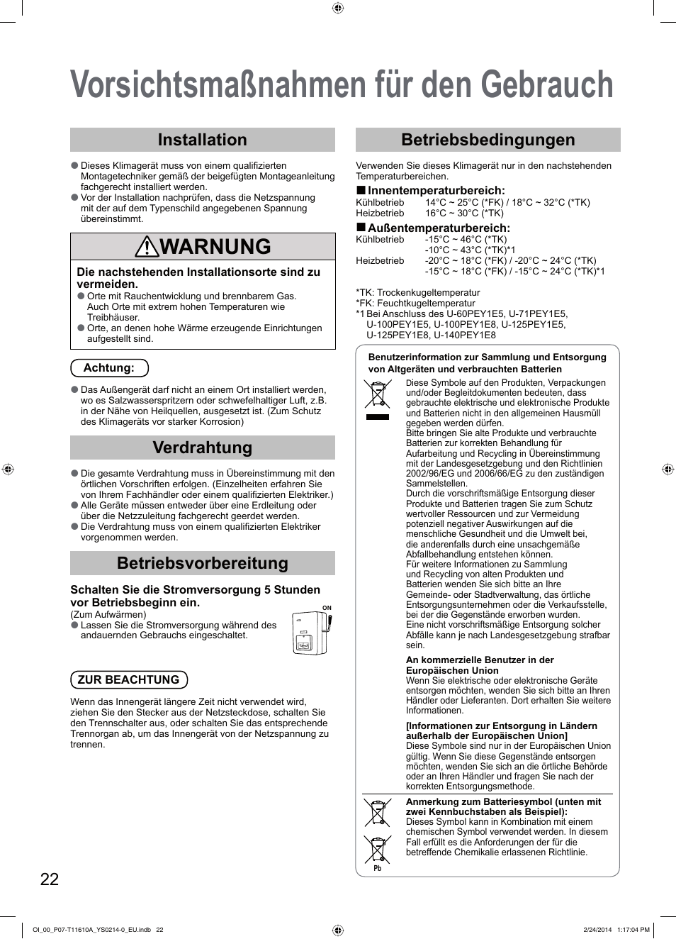 Vorsichtsmaßnahmen für den gebrauch, Warnung, Installation | Verdrahtung, Betriebsvorbereitung, Betriebsbedingungen | Panasonic S45PN1E5A User Manual | Page 22 / 56