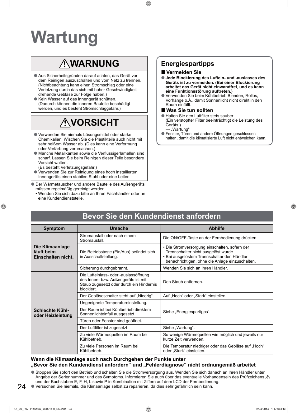 Wartung, Warnung, Vorsicht | Bevor sie den kundendienst anfordern, Energiespartipps | Panasonic S45PN1E5A User Manual | Page 24 / 56