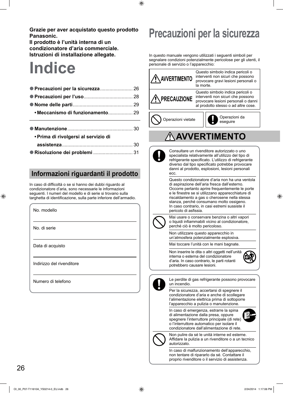 Indice, Precauzioni per la sicurezza, Informazioni riguardanti il prodotto | Avvertimento, Precauzione | Panasonic S45PN1E5A User Manual | Page 26 / 56