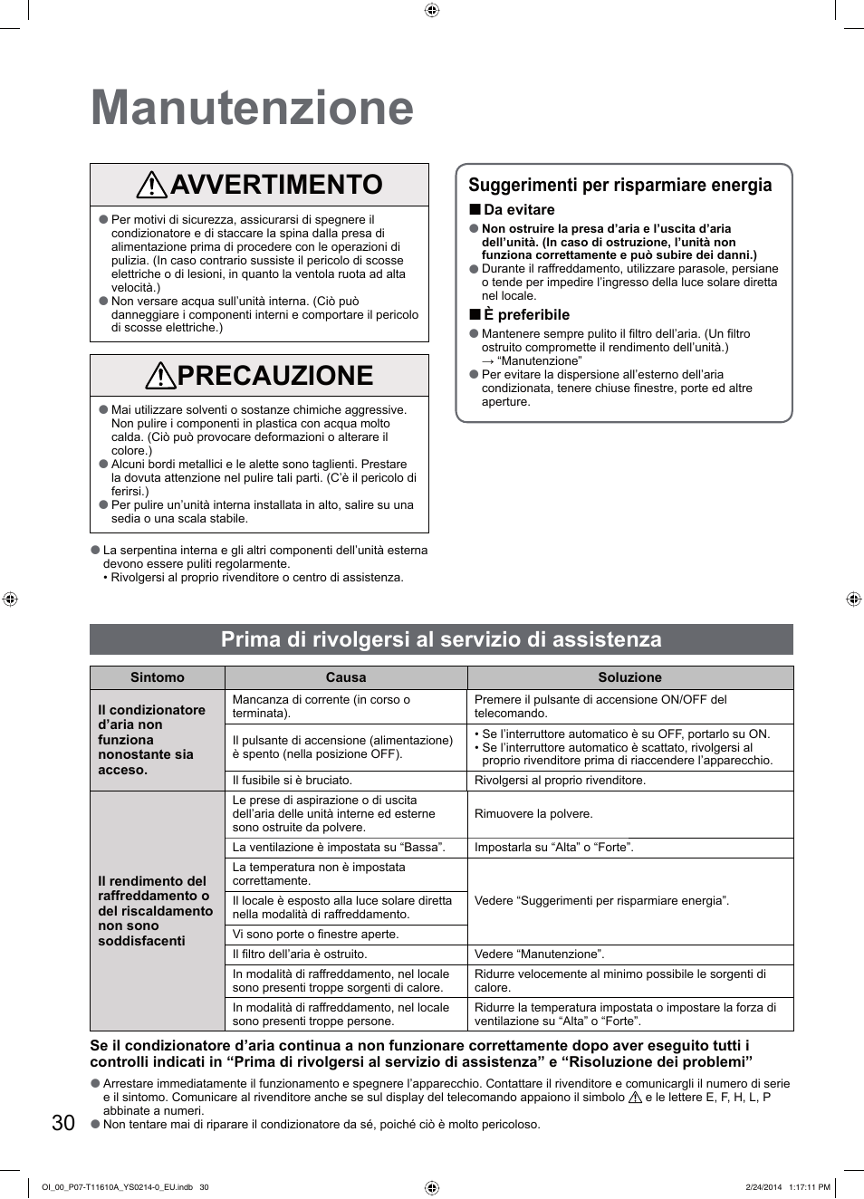 Manutenzione, Avvertimento, Precauzione | Prima di rivolgersi al servizio di assistenza, Suggerimenti per risparmiare energia | Panasonic S45PN1E5A User Manual | Page 30 / 56