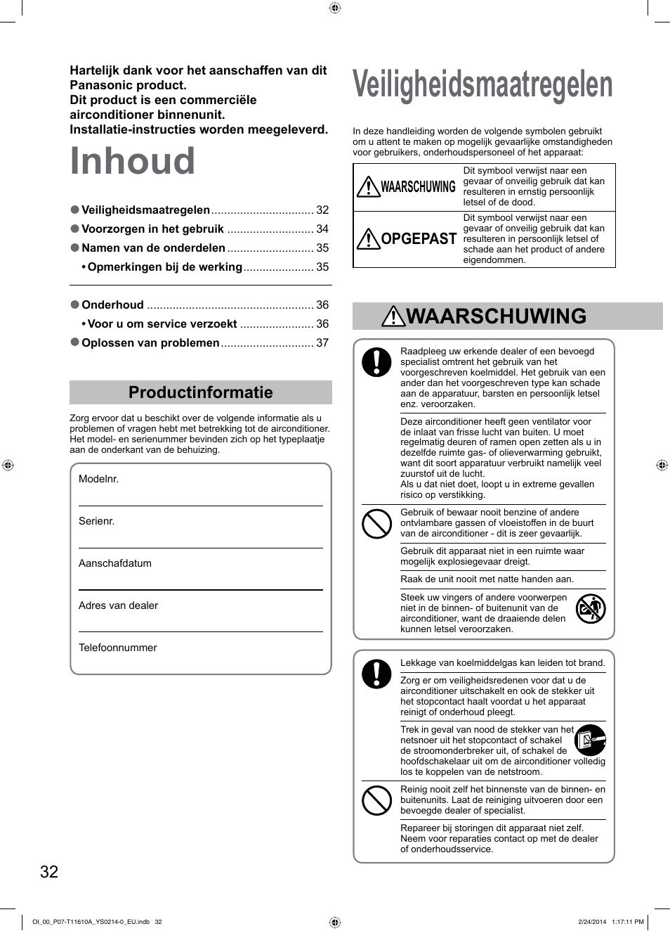 Inhoud veiligheidsmaatregelen, Productinformatie, Waarschuwing | Opgepast | Panasonic S45PN1E5A User Manual | Page 32 / 56