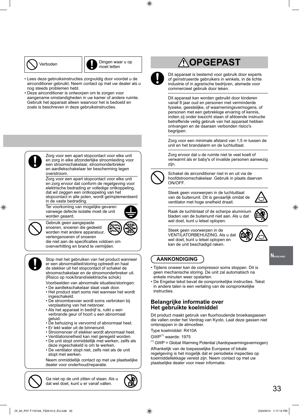 Opgepast | Panasonic S45PN1E5A User Manual | Page 33 / 56