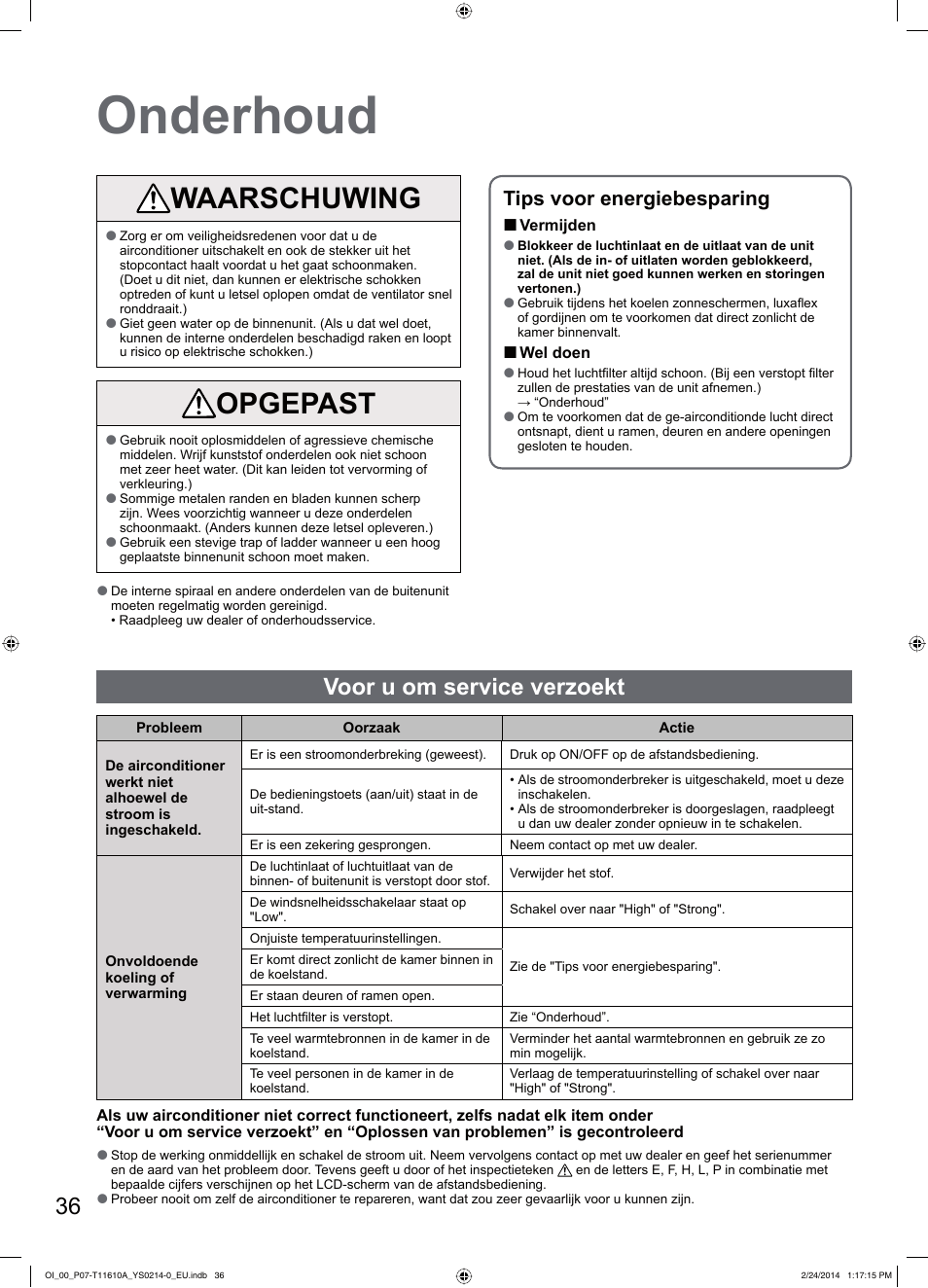 Onderhoud, Waarschuwing, Opgepast | Voor u om service verzoekt, Tips voor energiebesparing | Panasonic S45PN1E5A User Manual | Page 36 / 56