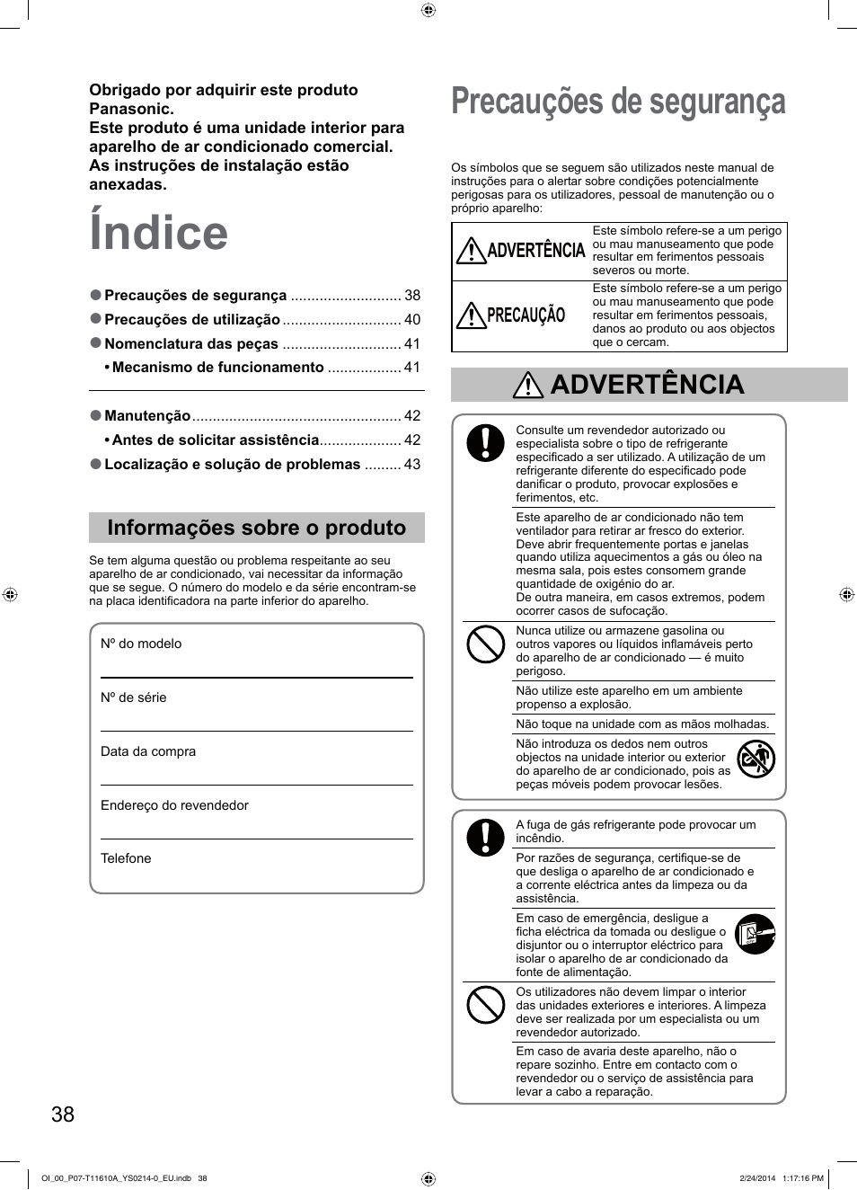 Índice, Precauções de segurança, Informações sobre o produto | Advertência, Precaução | Panasonic S45PN1E5A User Manual | Page 38 / 56