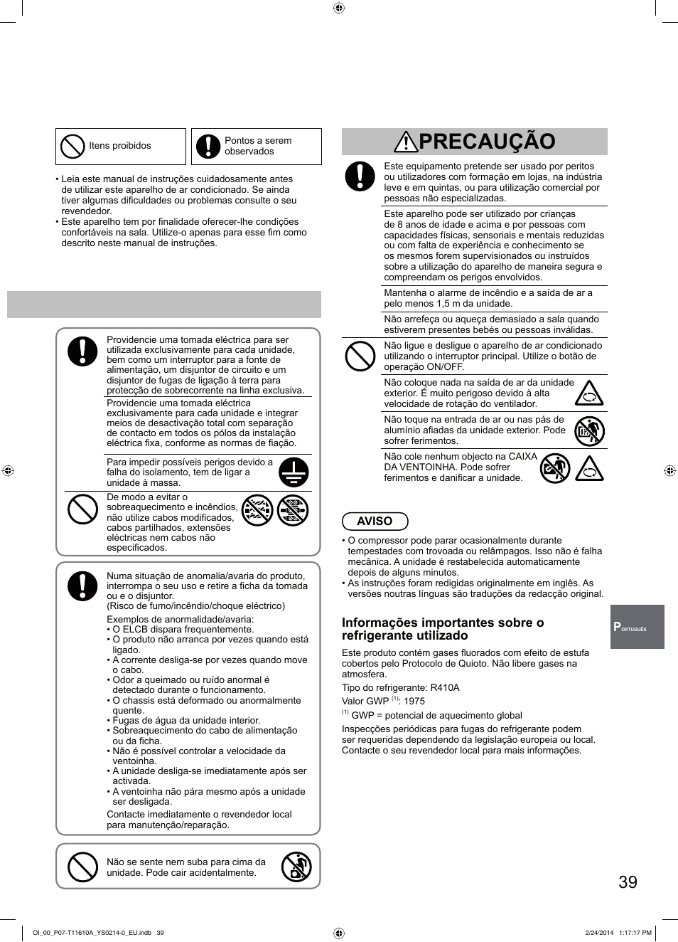 Precaução | Panasonic S45PN1E5A User Manual | Page 39 / 56