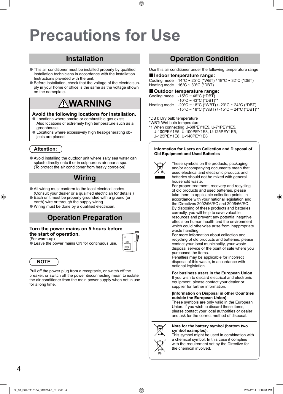 Precautions for use, Warning, Installation | Wiring, Operation preparation, Operation condition | Panasonic S45PN1E5A User Manual | Page 4 / 56