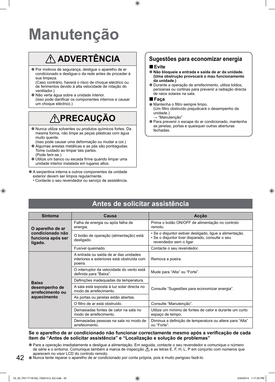 Manutenção, Advertência, Precaução | Antes de solicitar assistência, Sugestões para economizar energia | Panasonic S45PN1E5A User Manual | Page 42 / 56