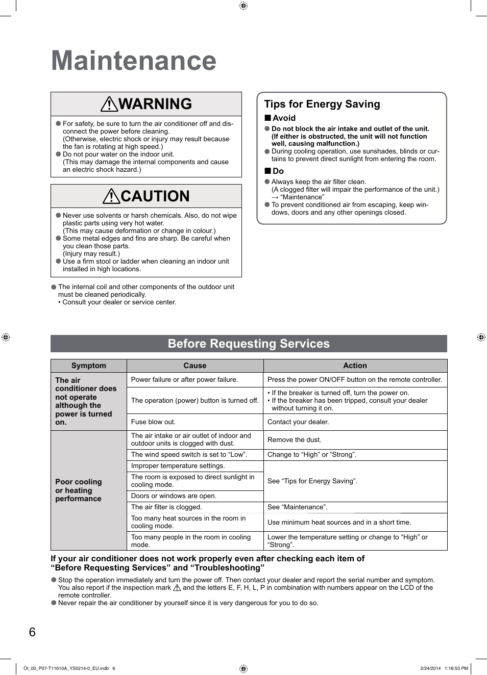 Maintenance, Warning, Caution | Before requesting services, Tips for energy saving | Panasonic S45PN1E5A User Manual | Page 6 / 56