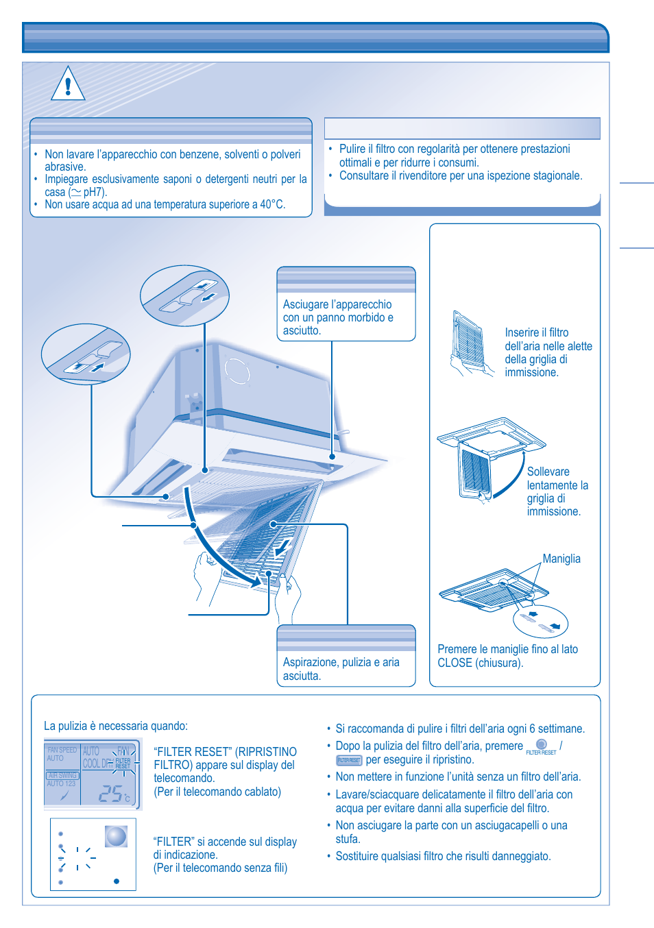 Pulizia e manutenzione, Manutenzione del fi ltro dell’aria | Panasonic CUB14DBE5 User Manual | Page 29 / 64