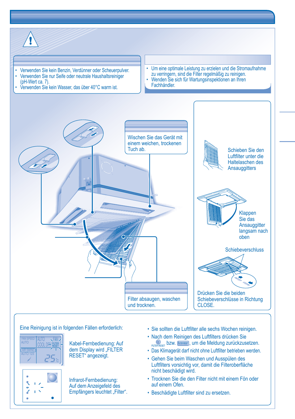Pflege und reinigung, Wartung des luftfi lters, Drücken sie die beiden | Panasonic CUB14DBE5 User Manual | Page 39 / 64